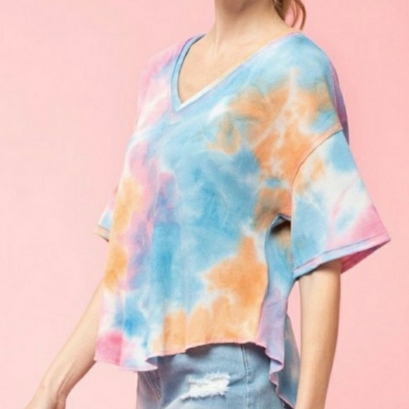 Tie Dye Blue Multi Waffle Knit Top - Picture 3 of 8